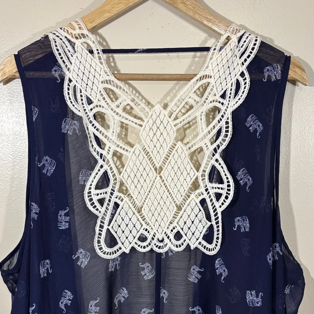 Navy Sheer Boho Elephant Print Crochet Sleeveless Cover-Up Size L